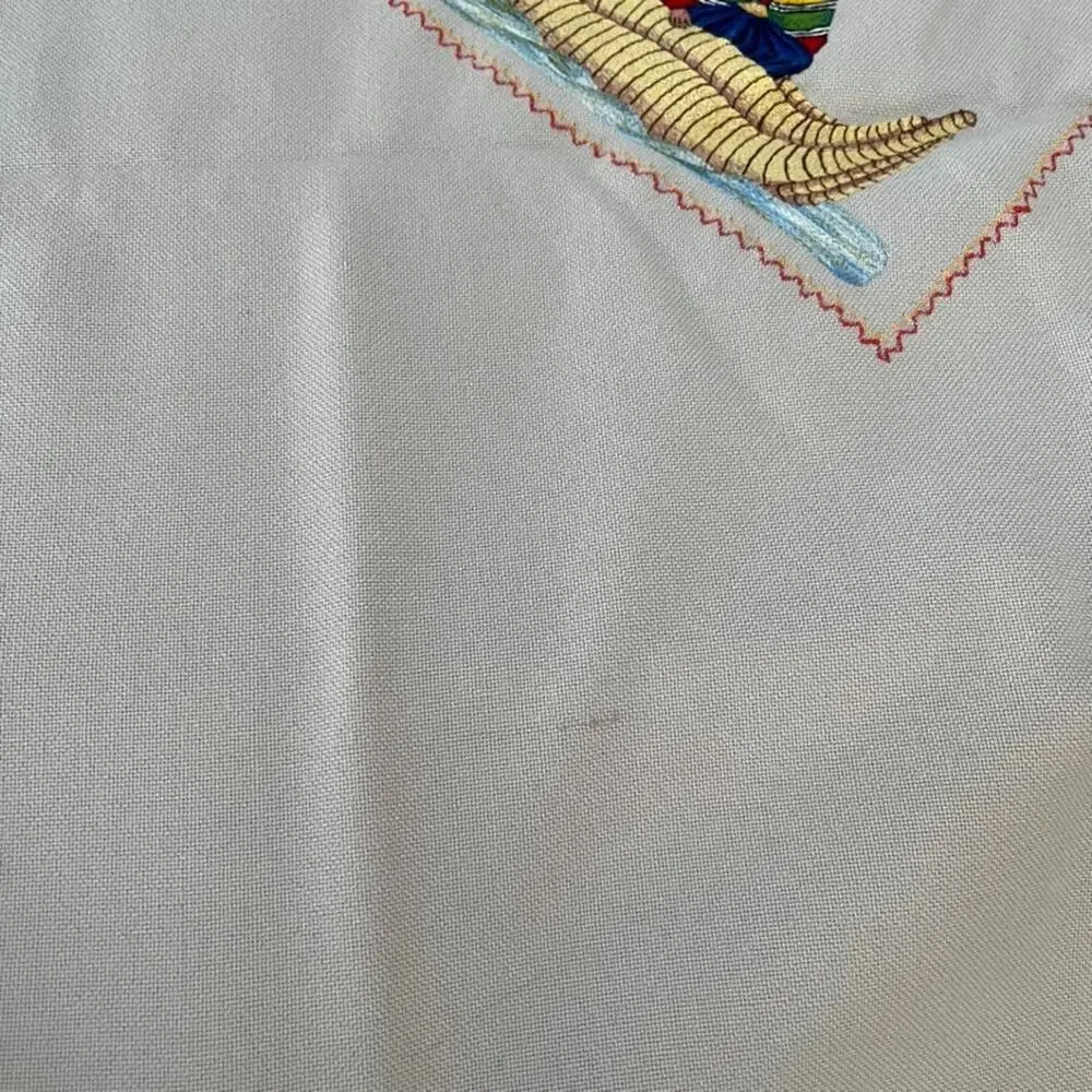 Vintage Hand-Embroidered Folk Figures & Motifs Taupe Cotton Tablecloth 52 x 70